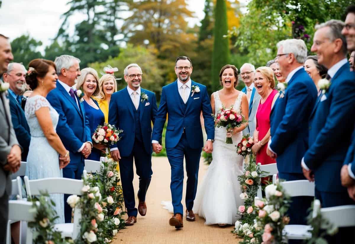 A groom walks down a flower-lined aisle with his parents on either side, surrounded by joyful family and friends