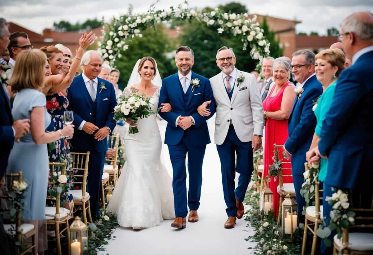 The groom walks down the aisle with his parents, surrounded by joyful guests and decorative elements