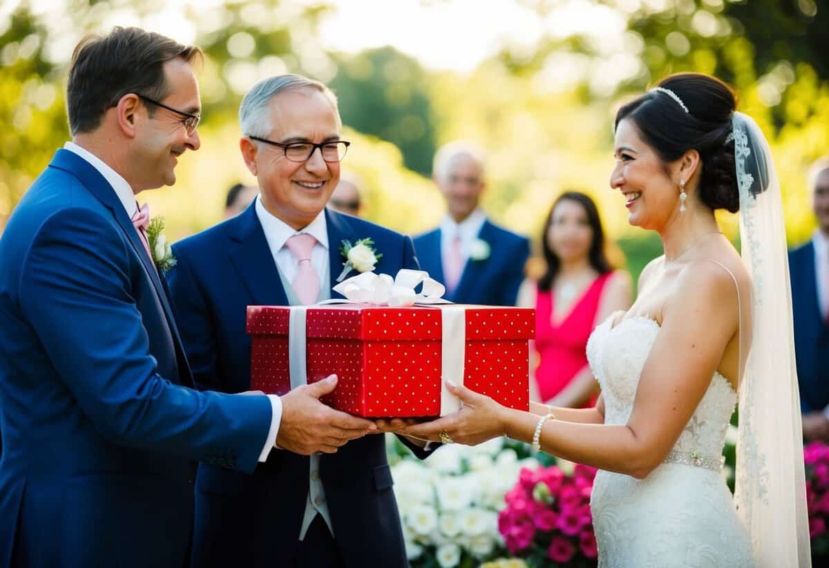 The bride's parents present a gift to the groom during the wedding celebration