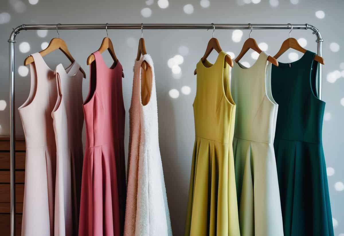 Two elegant dresses of the same color hanging side by side on a clothing rack