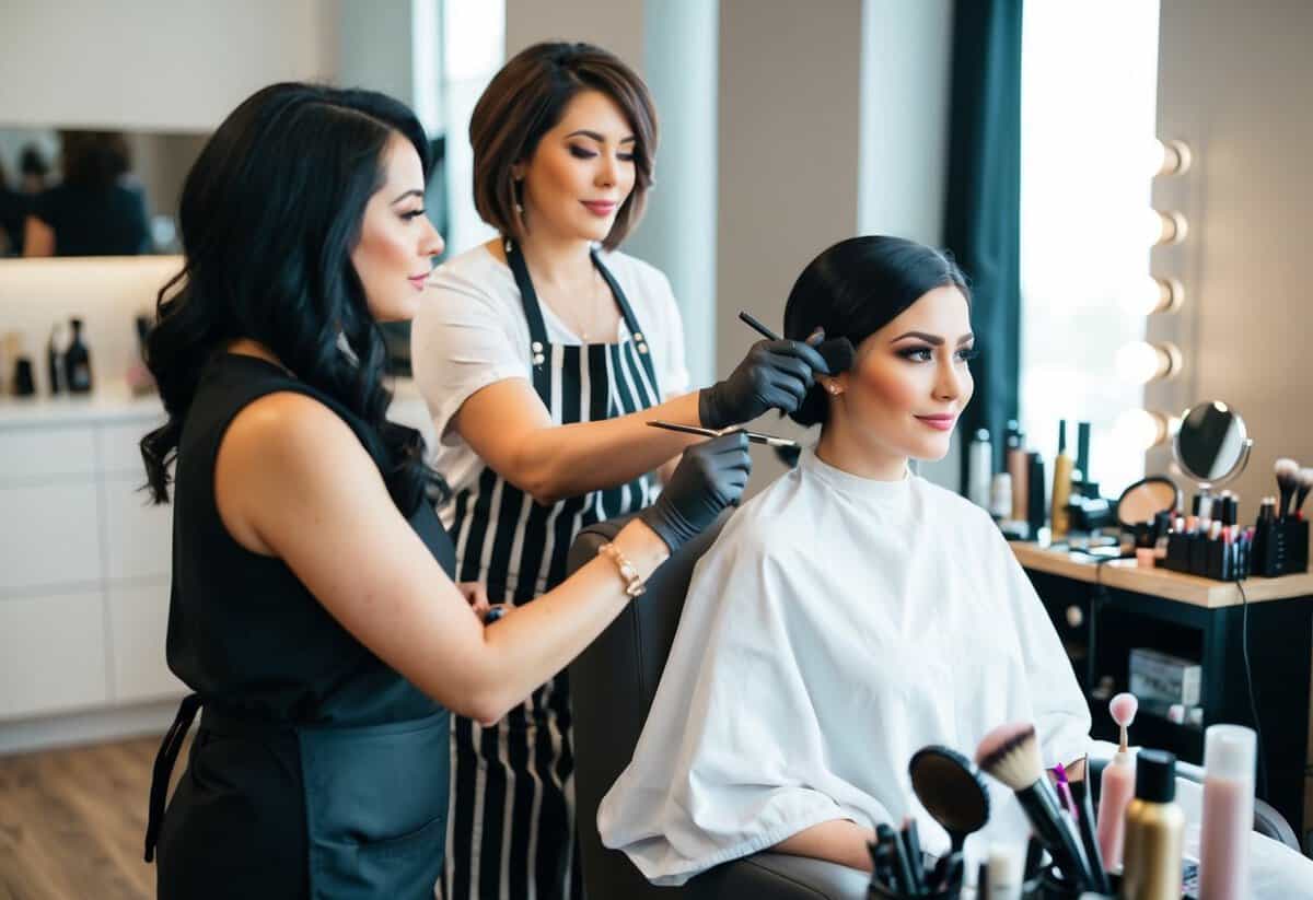 A woman sits in a comfortable chair as a makeup artist and hairstylist work on her, surrounded by a variety of beauty products and tools