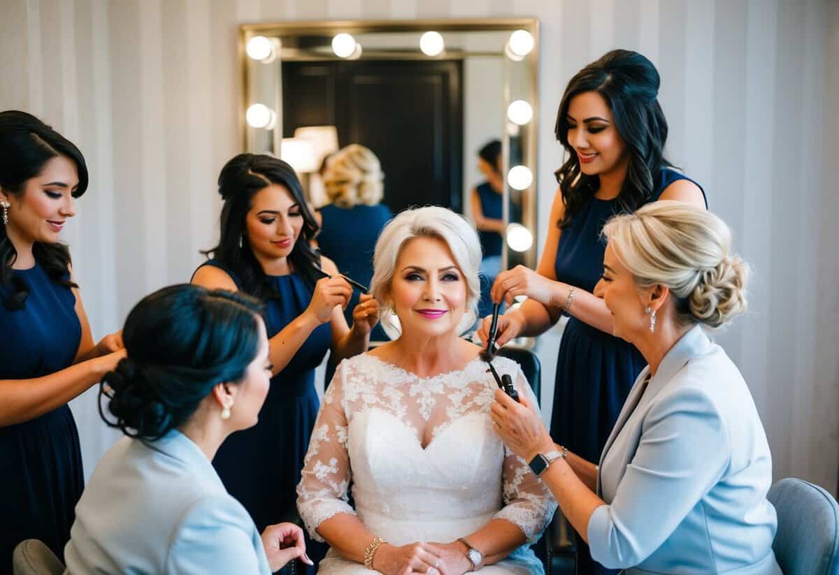 A mother of the groom sits in a chair, surrounded by a team of beauty professionals working on her hair and makeup