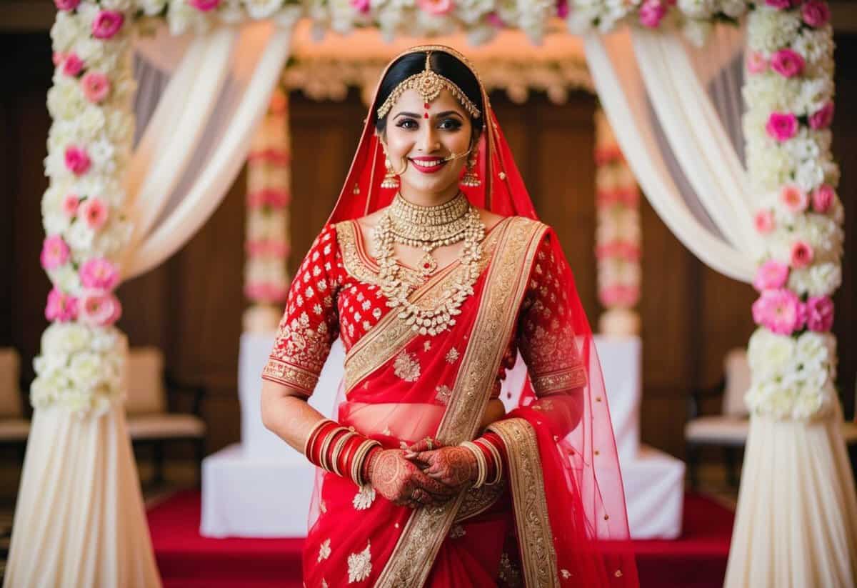 A traditional Indian bride in a vibrant red wedding dress, adorned with intricate gold embroidery and sparkling jewelry, stands before a grand floral mandap