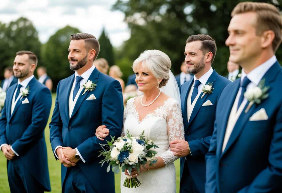 The groom's mother is expected to wear a sophisticated and elegant color, such as navy blue or dark gray, to complement the wedding party