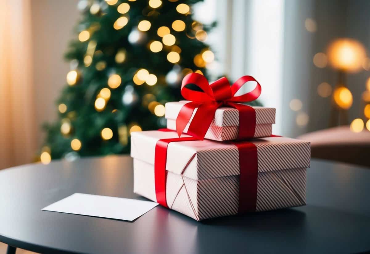A wrapped gift box with a ribbon and bow, placed on a table with a card
