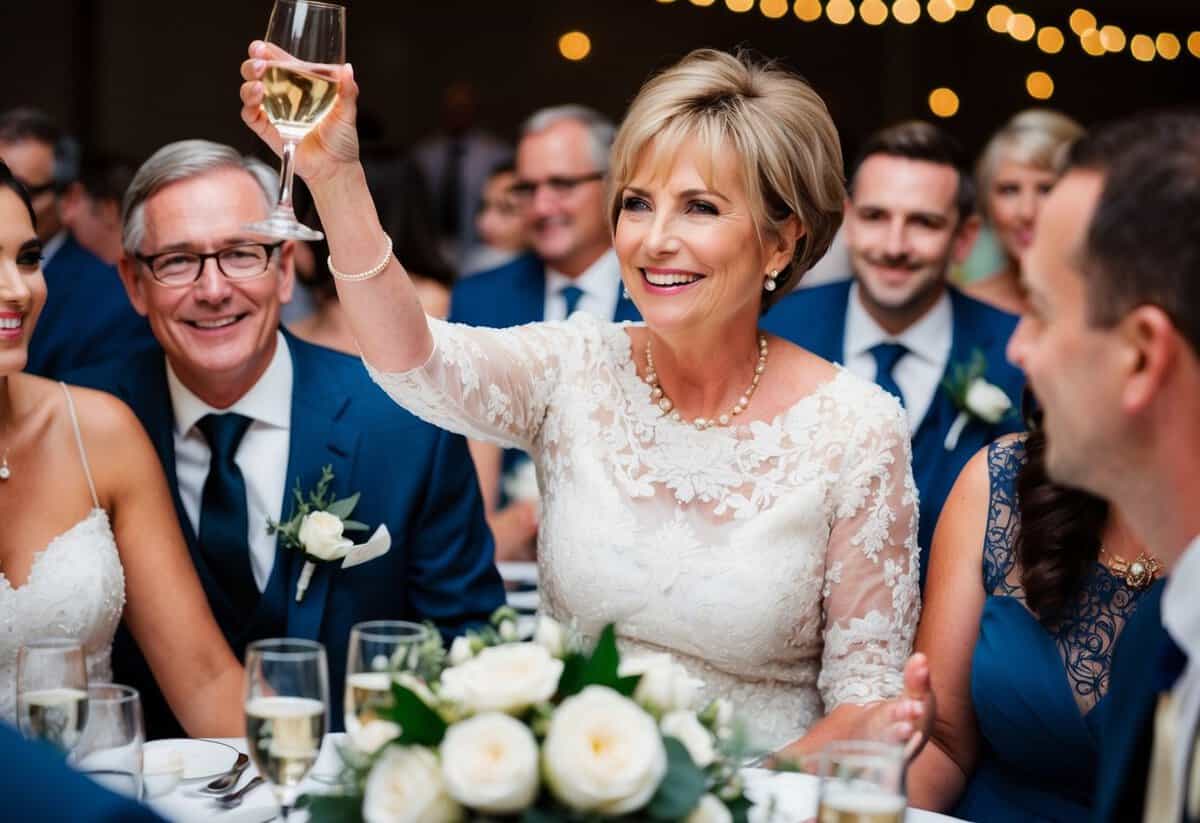 The mother of the groom raises her glass, smiling, surrounded by family and friends at the reception
