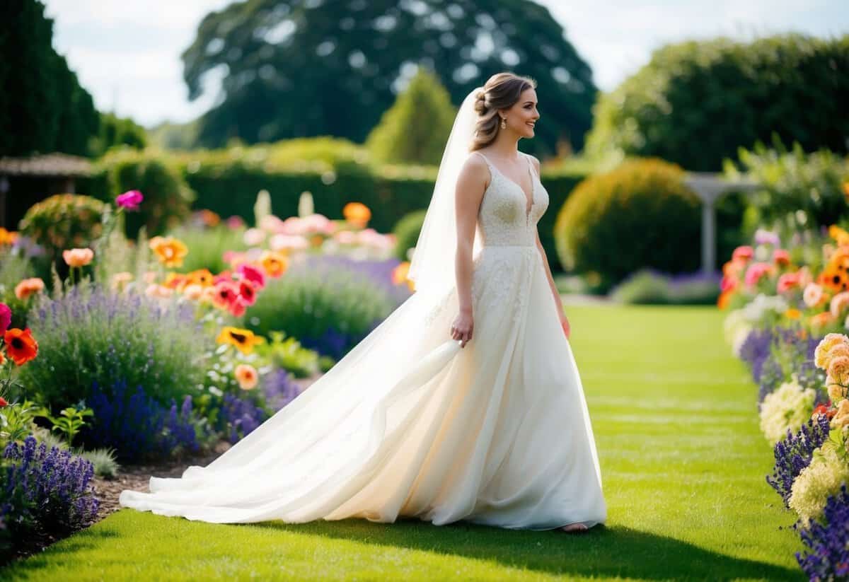 A bride in a flowing ivory gown walks through a garden filled with vibrant flowers