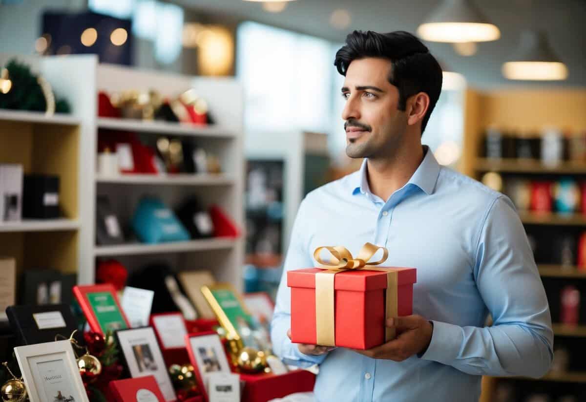 A man holding a gift box, with a thoughtful expression, stands in front of a display of various items. He appears to be considering his options