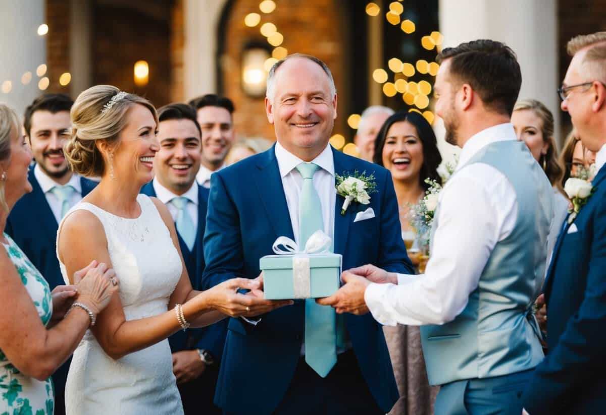 A father of the groom receiving a thoughtful gift from the newlyweds, surrounded by joyful guests at the wedding celebration
