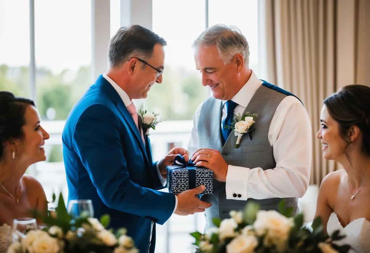 A father of the groom receives a thoughtful gift during the wedding celebration