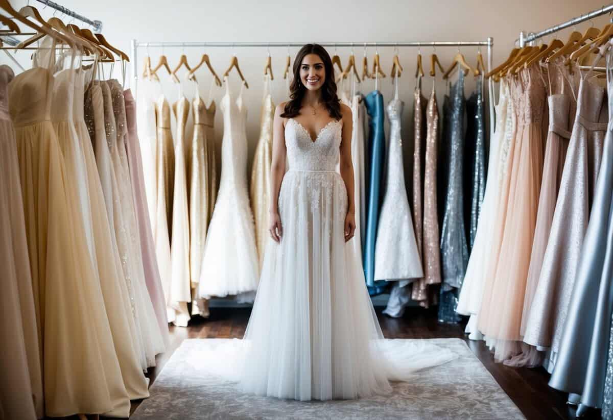 A second-time bride stands in a bridal boutique surrounded by racks of dresses in various shades of ivory, champagne, blush, and silver