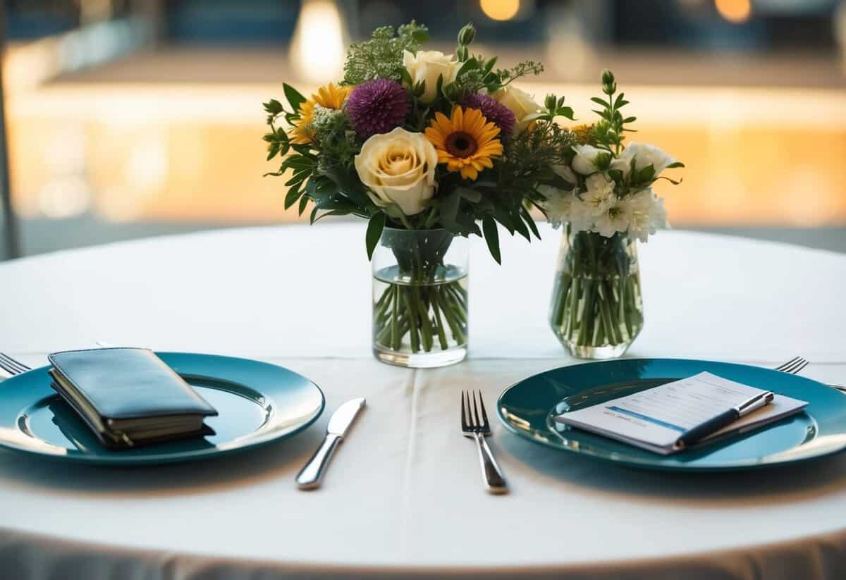 A table with two separate place settings, one with a bouquet of flowers and the other with a checkbook and pen