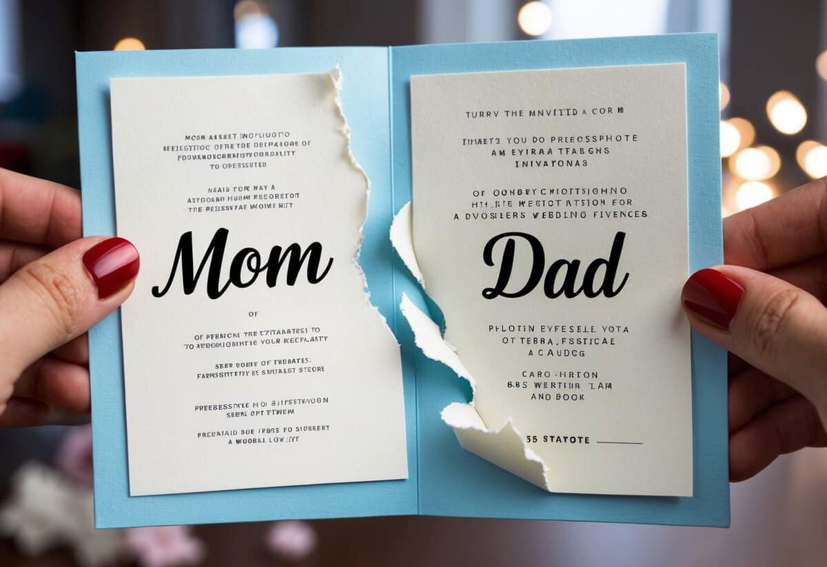 A wedding invitation torn in half, with one side labeled "Mom" and the other "Dad," symbolizing the division of responsibility for a daughter's wedding expenses