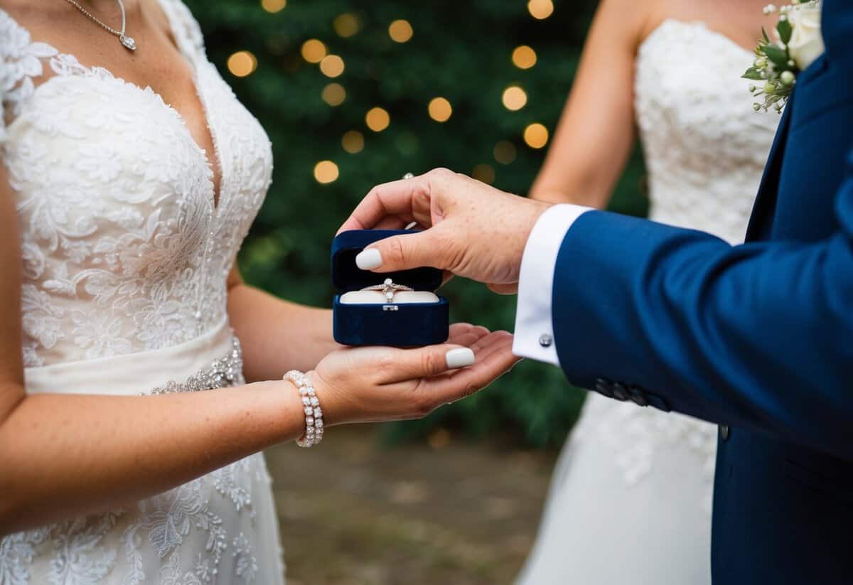 A small jewelry box is handed to the bride by the groom's mother