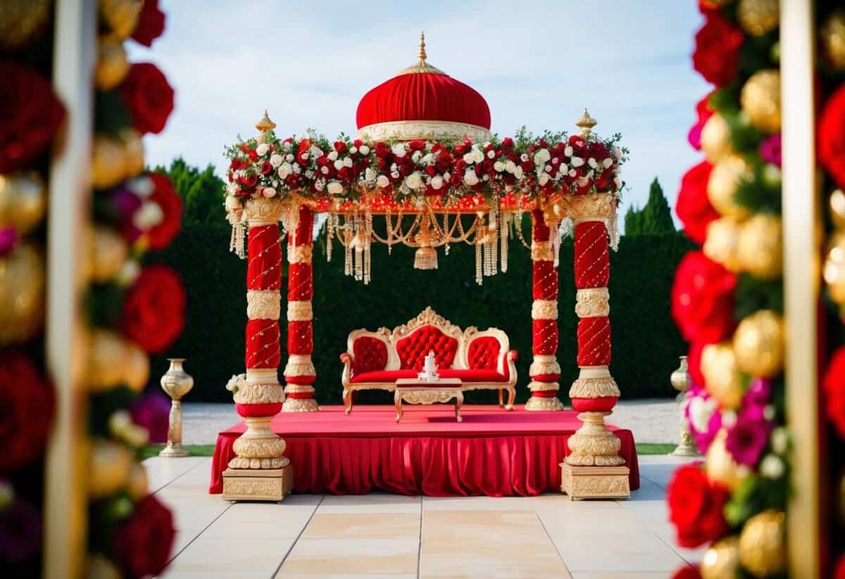 A vibrant red and gold wedding mandap, adorned with intricate floral designs and shimmering accents