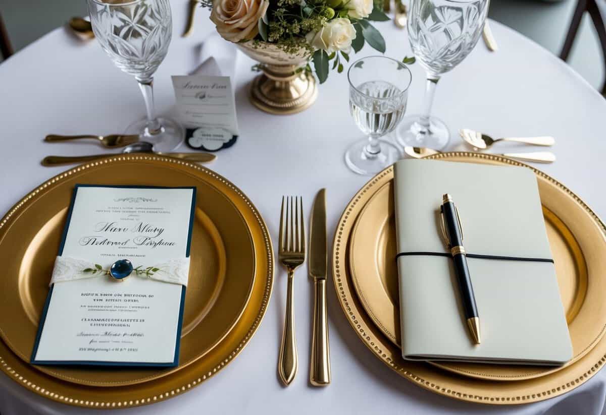 A table set with two place settings, one with a traditional wedding invitation and the other with a checkbook and pen