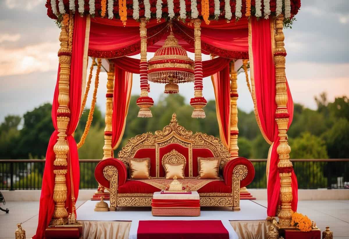 A traditional wedding mandap adorned with vibrant red and gold fabrics, symbolizing luck and prosperity in marriage