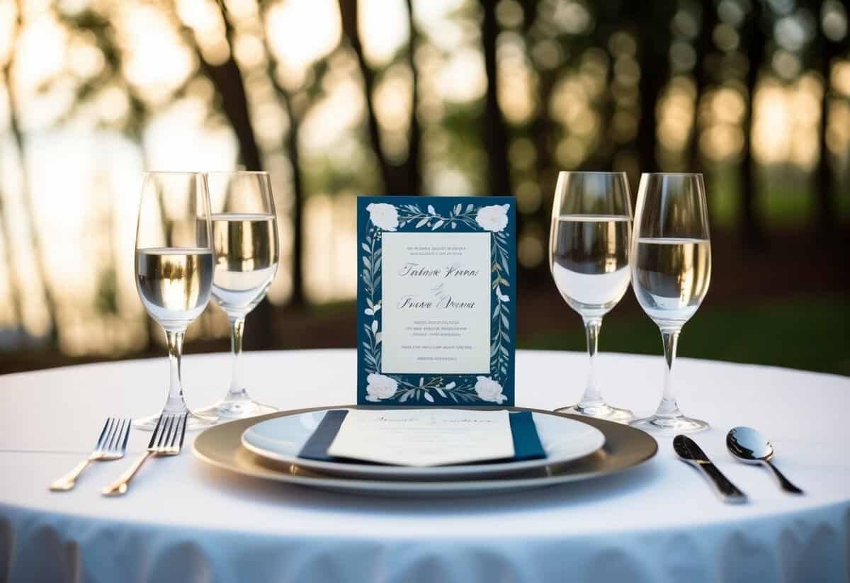 A table with two separate sets of place settings, one for each parent, with a wedding invitation placed in the center