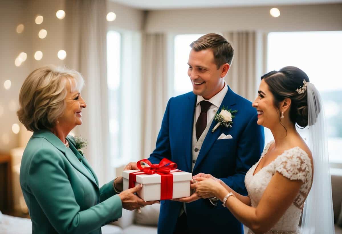 The mother of the groom presents a gift to the bride, symbolizing the building of their relationship