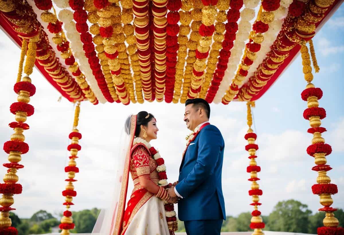 A bride and groom stand beneath a canopy of vibrant red and gold decorations, symbolizing luck and prosperity in their marriage