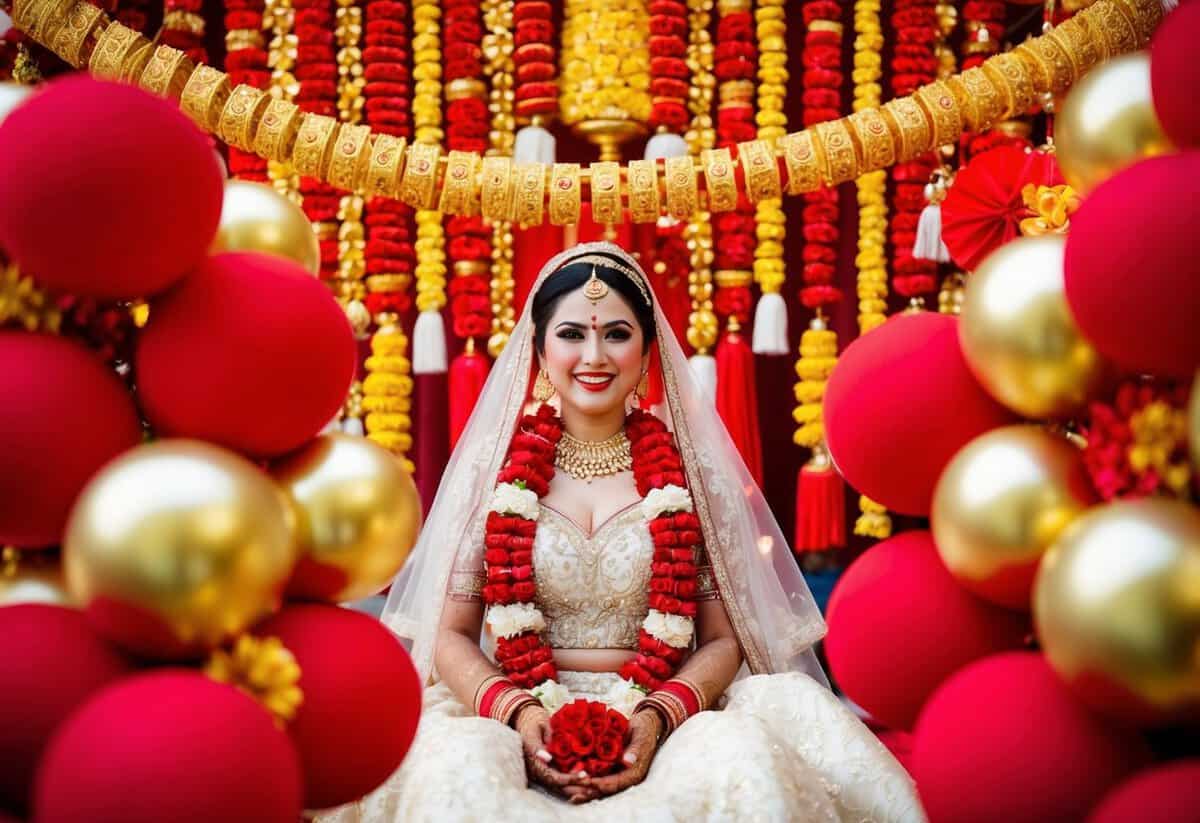 A bride surrounded by vibrant red and gold wedding decorations, symbolizing luck and prosperity in marriage