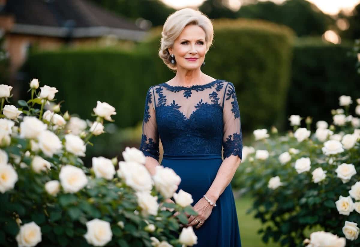 A mother of the bride wearing a deep navy blue dress with delicate lace detailing, standing in a garden surrounded by blooming white roses