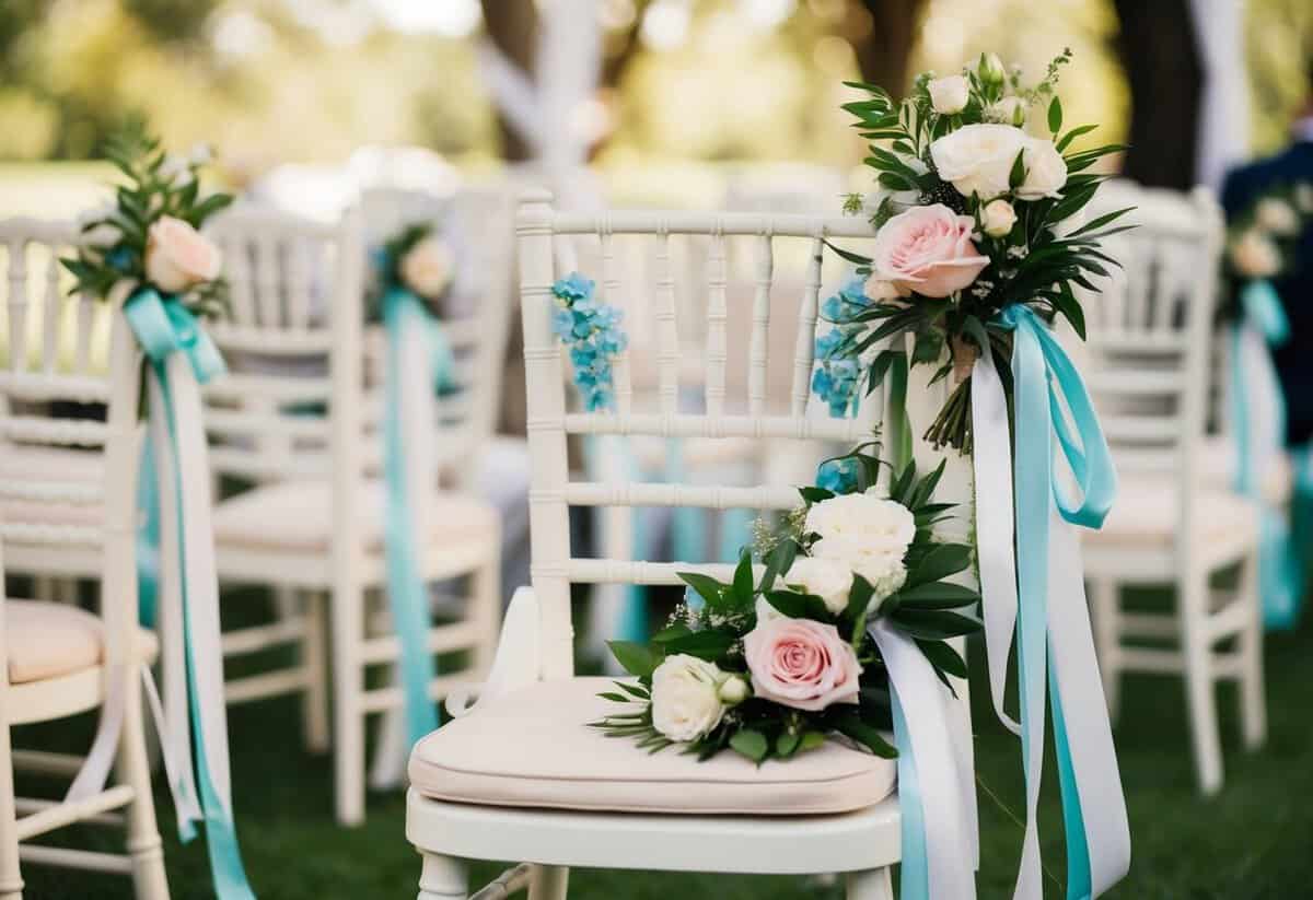 A groom's chair with a vacant seat, adorned with flowers and ribbons, awaits the traditional figure who sits next to him
