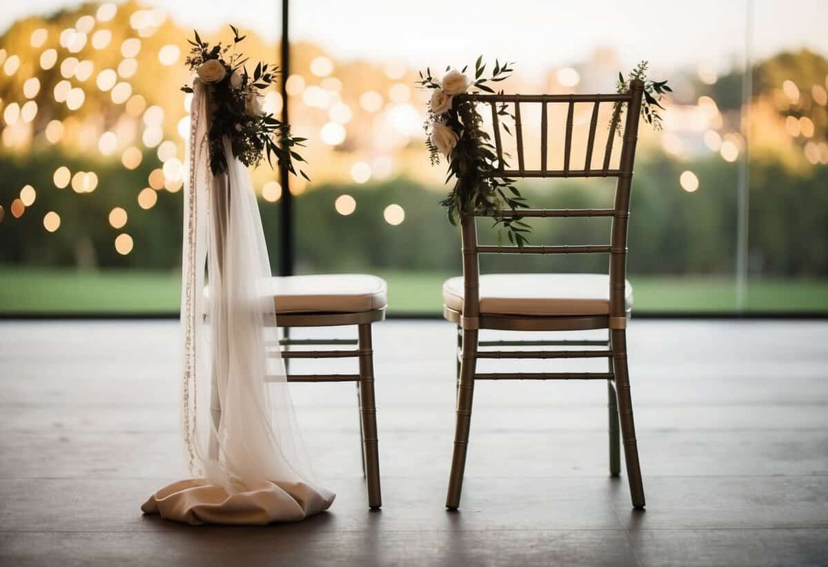A single empty chair placed next to the groom's seat, adorned with matching decor