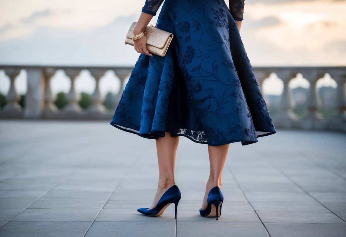 A mother of the bride wearing a sophisticated navy blue dress with elegant floral patterns, paired with matching heels and a coordinating clutch