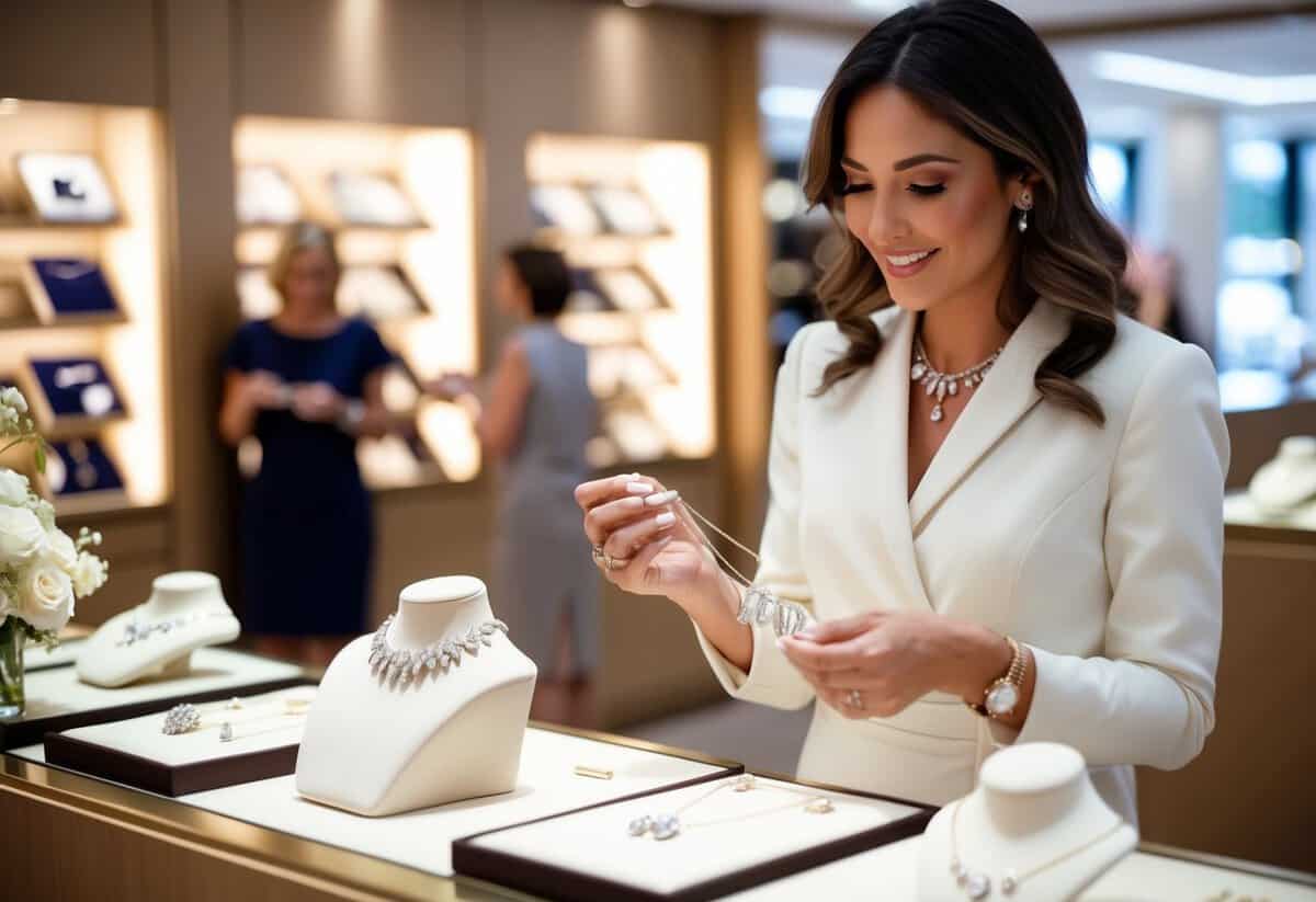 A person browsing jewelry in a high-end store, considering their budget and the bride's style