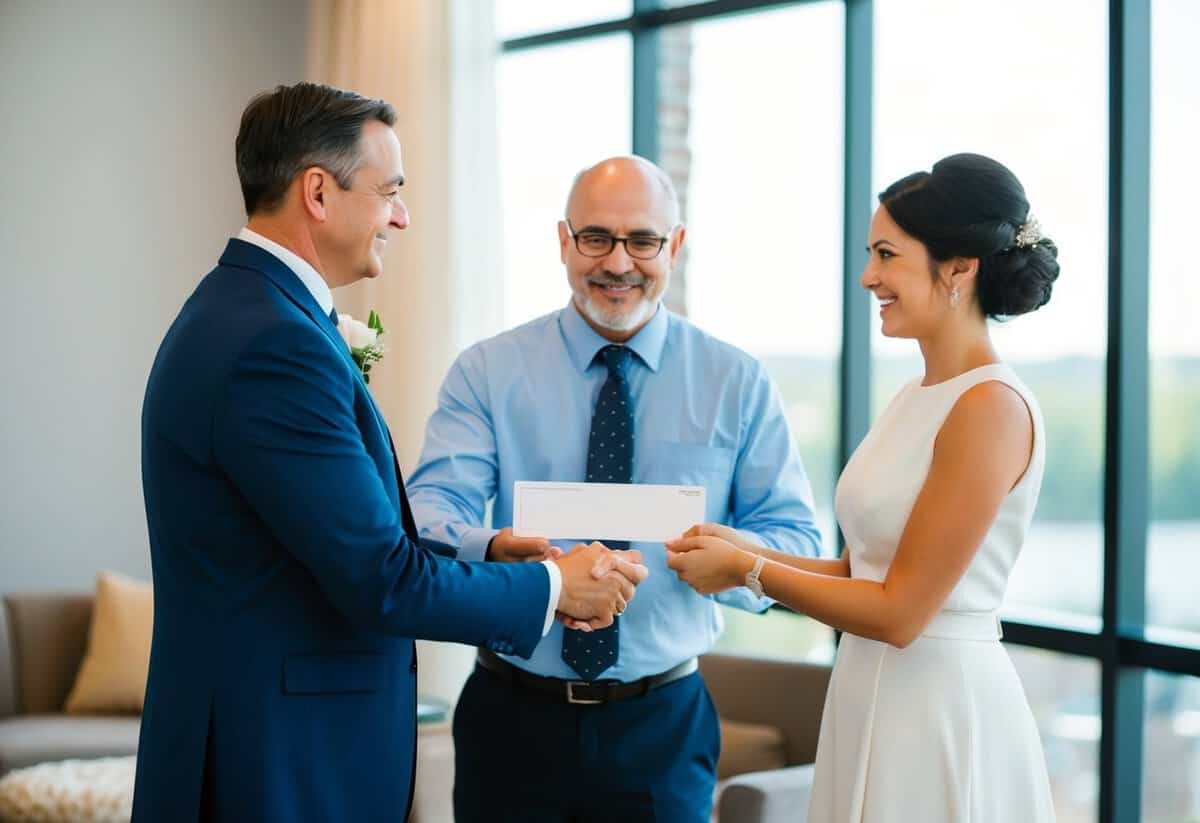 A father handing over a check to a wedding planner