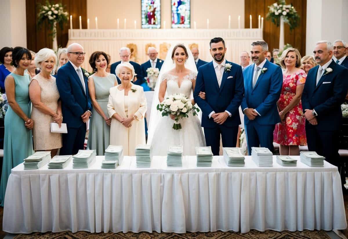 A bride and groom stand at the altar, surrounded by family and friends. A table displays various wedding expenses, with different family members contributing money