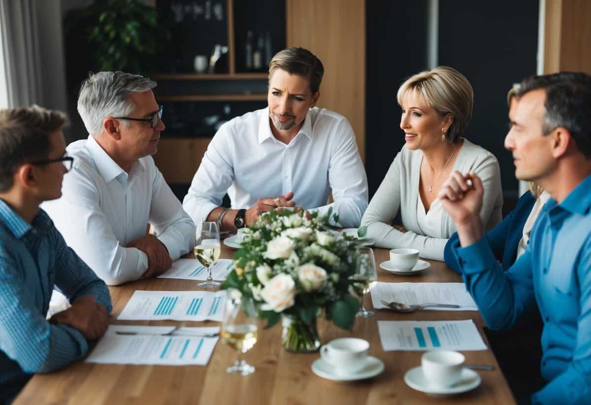 A family gathered around a table, discussing wedding expenses and support. A mix of emotions and opinions are evident in their expressions