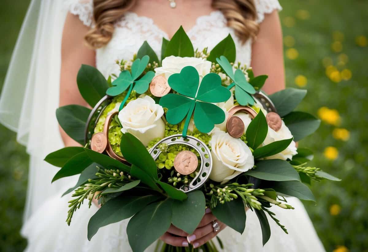 A bride's bouquet with four-leaf clovers, horseshoes, and lucky pennies intertwined among the flowers