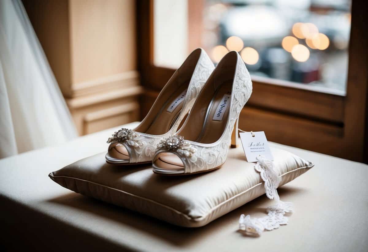 A pair of elegant bridal shoes displayed on a cushioned pedestal, with a price tag and a delicate lace garter nearby