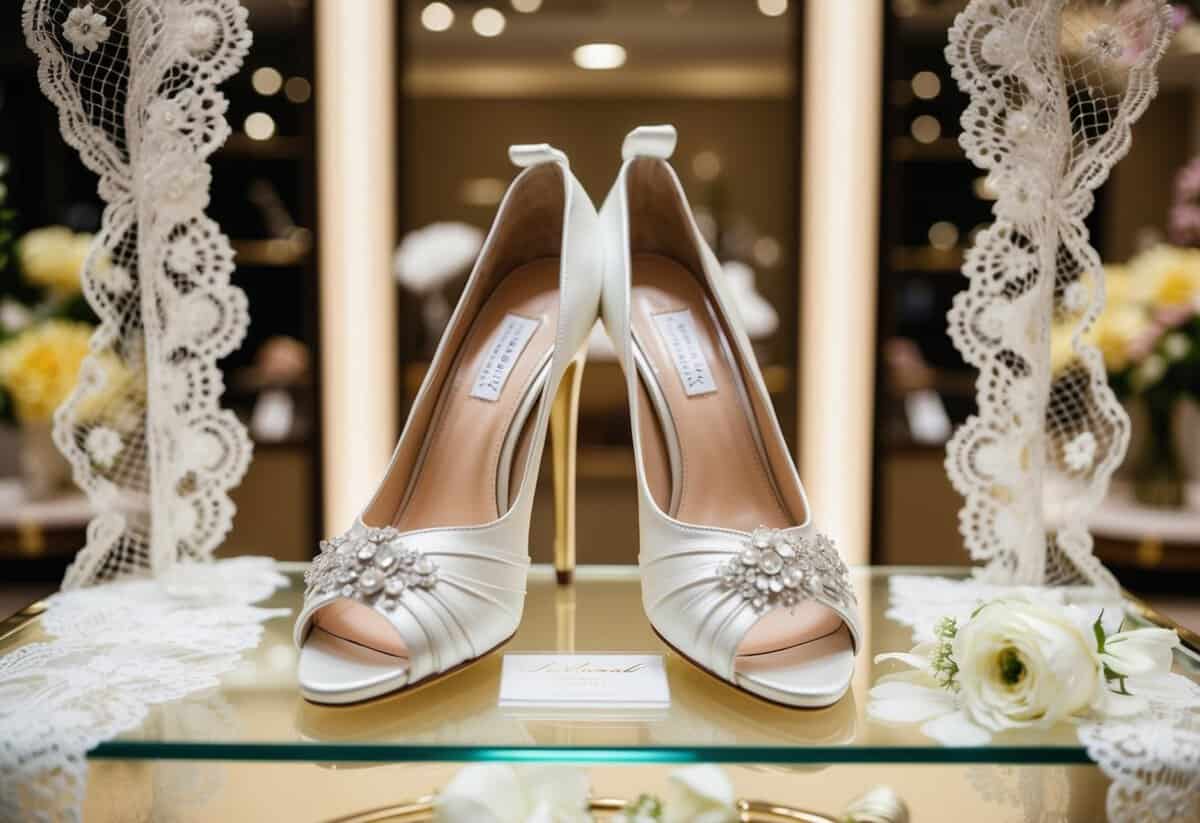 A pair of elegant bridal shoes on display in a luxurious store, surrounded by delicate lace and floral details
