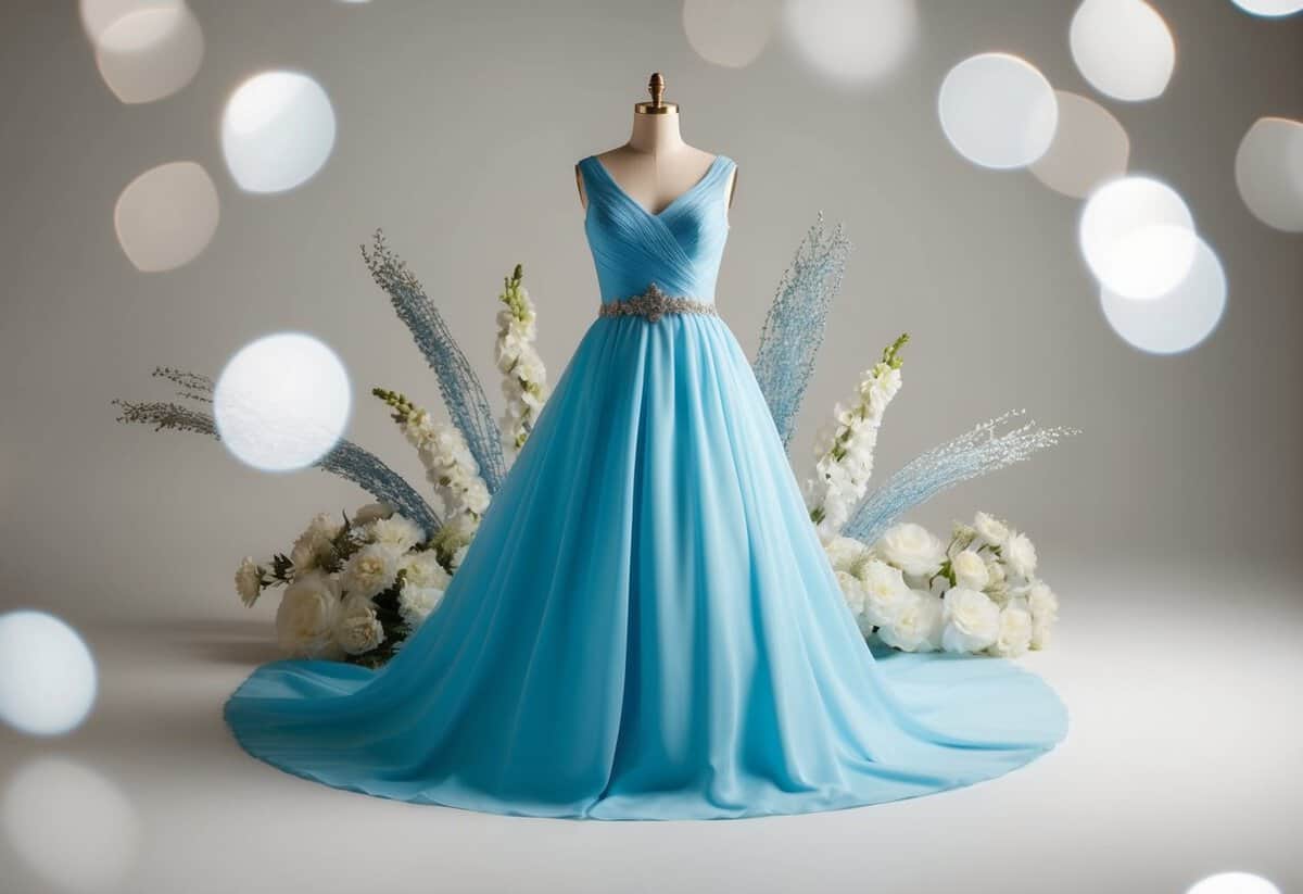 A serene blue wedding dress surrounded by delicate white flowers and shimmering silver accents