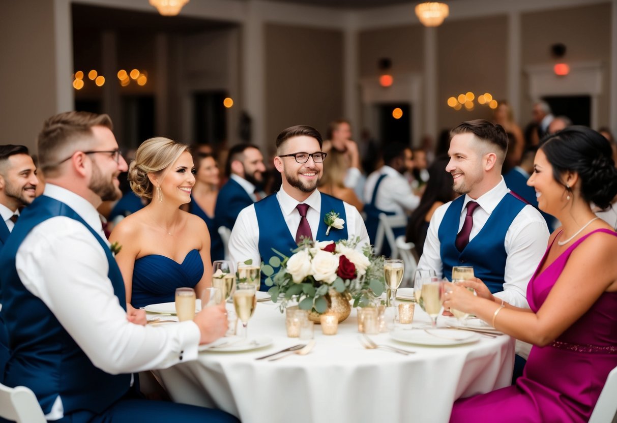 Guests in matching wedding party colors at a reception