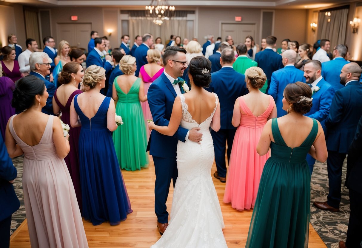 A group of guests wearing various colors mingle at a wedding reception. The wedding party, dressed in a specific color, stands out in the center of the room
