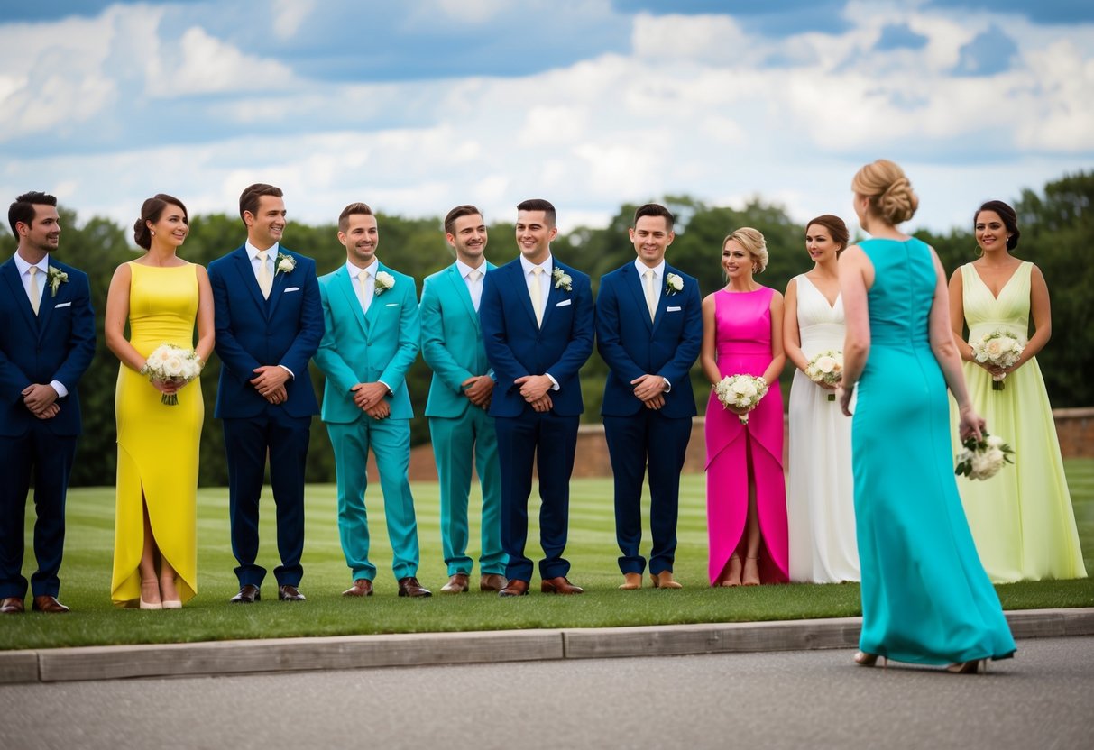 A group of elegantly dressed wedding party members standing in a line, each wearing a different color outfit. A guest wearing a matching color hesitantly approaches