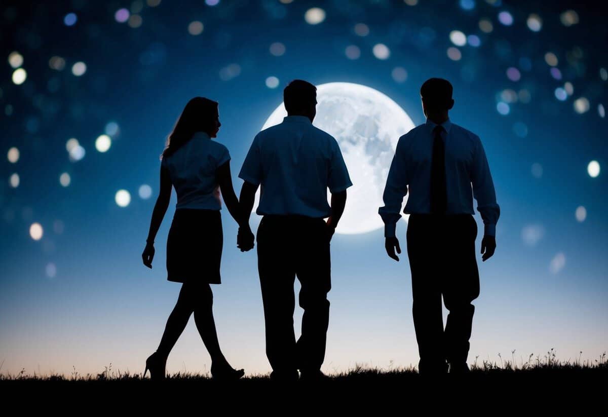 A couple's silhouette facing away from each other, one figure walking away, while the other stands with a pained expression, set against a moonlit backdrop