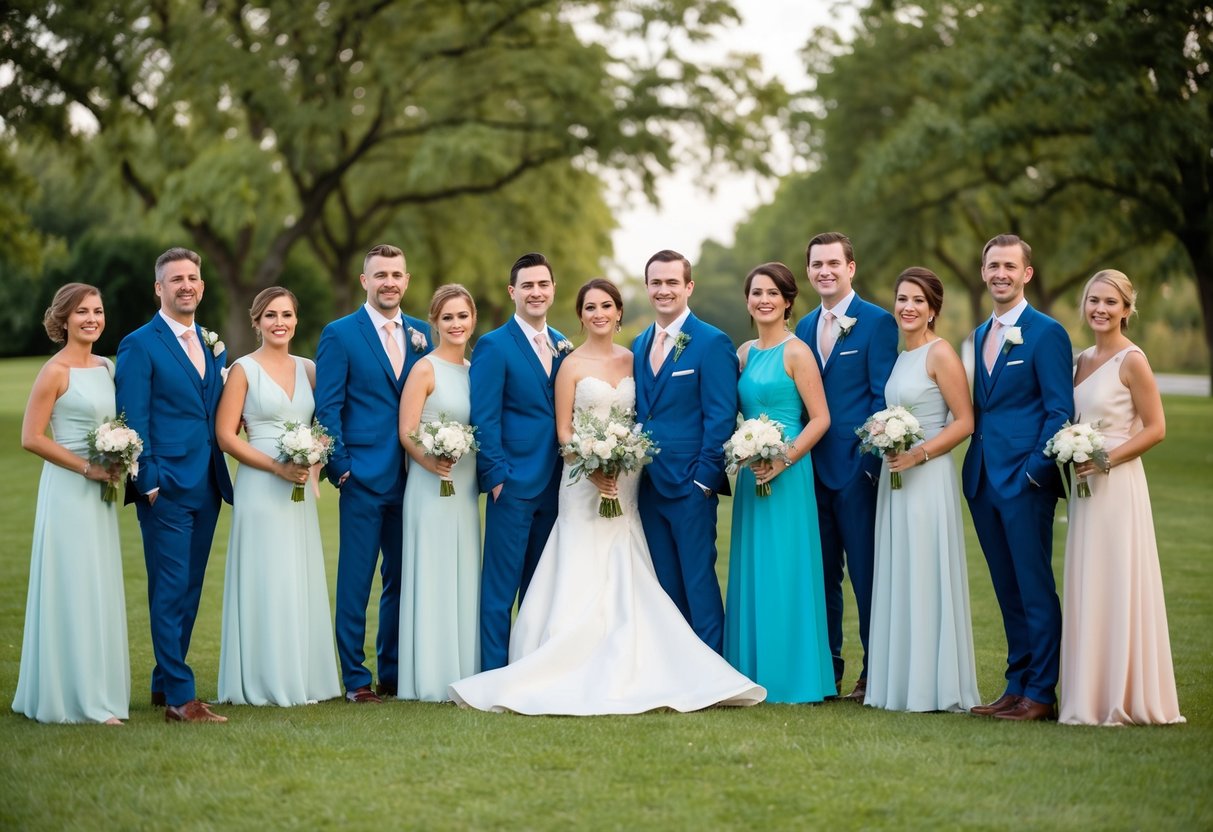 A group of people in wedding attire with matching colors, standing together with the dilemma of whether to wear the same color as the wedding party