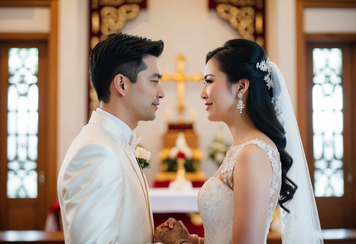 A couple standing in front of a traditional wedding altar, looking at each other with tense expressions