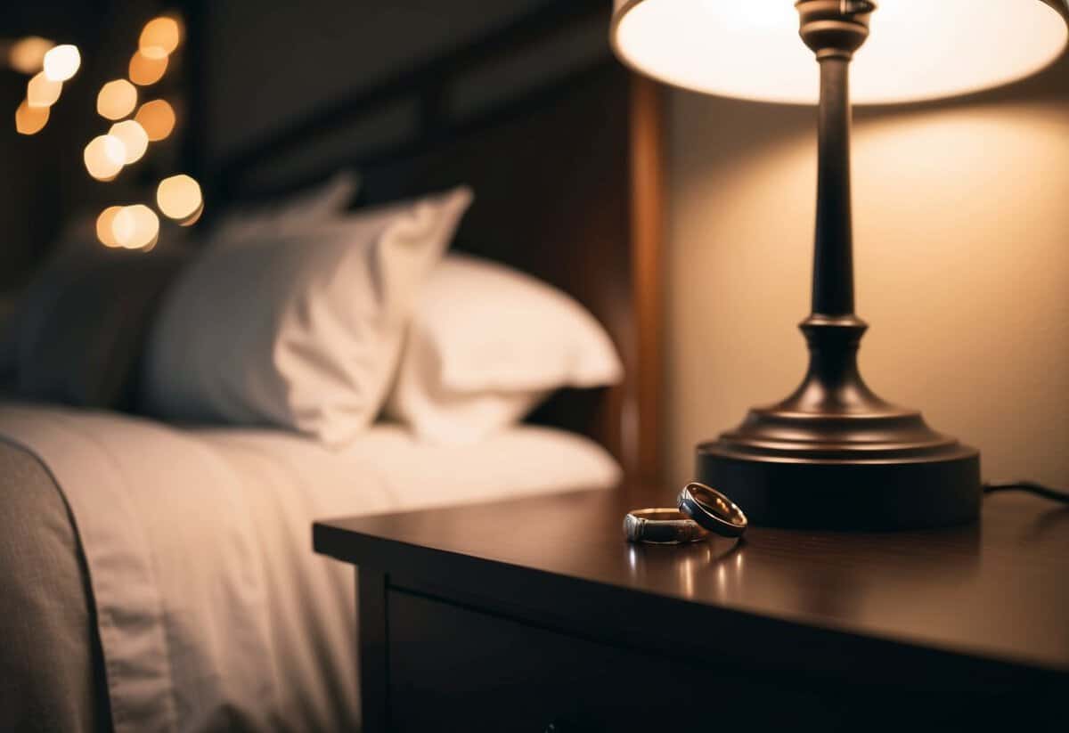 A couple's wedding rings lying abandoned on a bedside table, illuminated by the soft glow of a bedside lamp