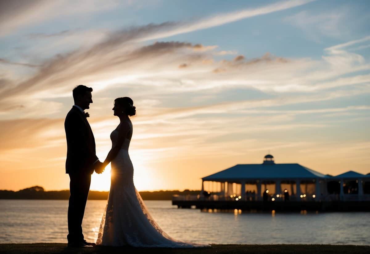 A couple's silhouette standing apart, with a sunset in the background and a wedding venue in the distance