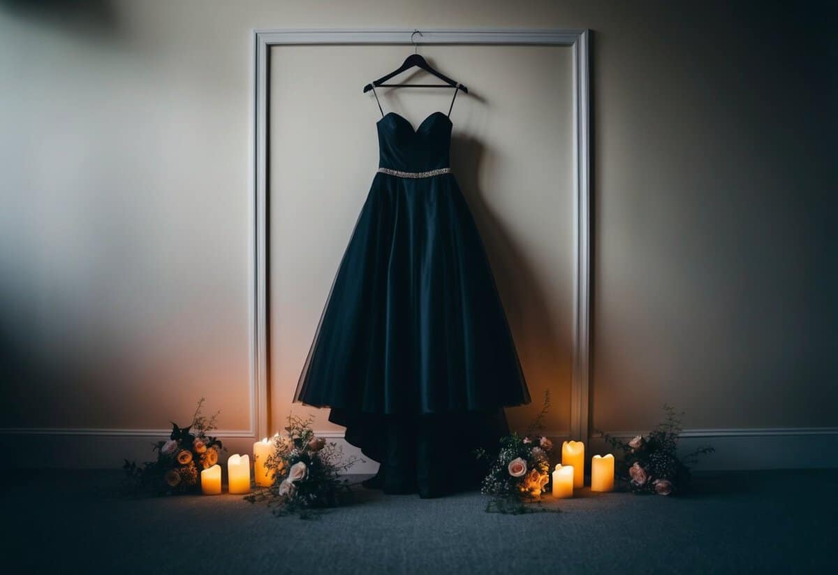 A lone black wedding dress hanging in a dimly lit room, surrounded by wilted flowers and flickering candles