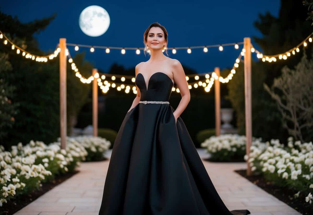 A bride in a black gown stands in a moonlit garden, surrounded by white flowers and twinkling lights. She exudes confidence and elegance