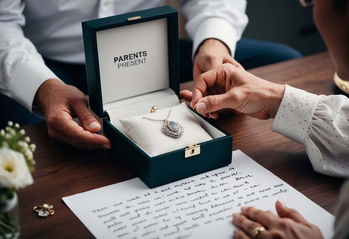Parents present a jewelry box filled with heirloom pieces and a handwritten letter expressing their love and well wishes