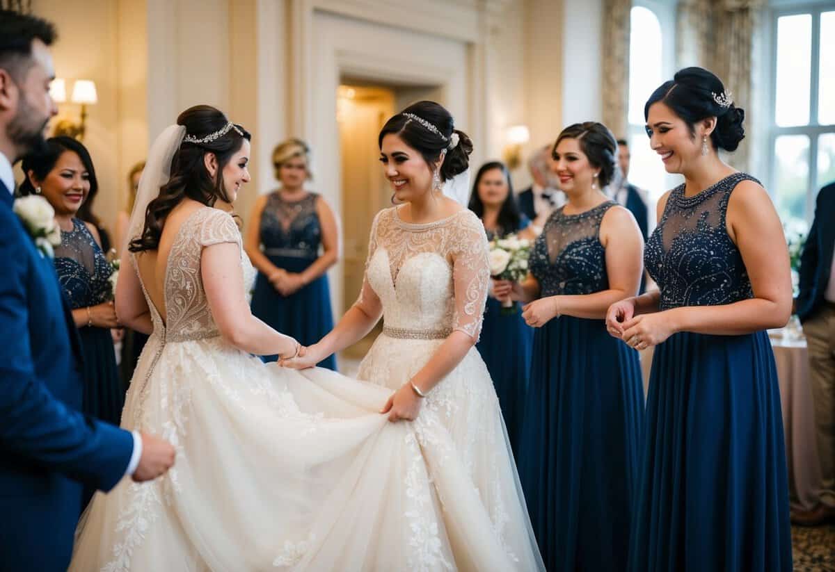 Brides change into a flowing, elegant reception gown, adorned with intricate lace and delicate beading, as they prepare to celebrate their special day with loved ones