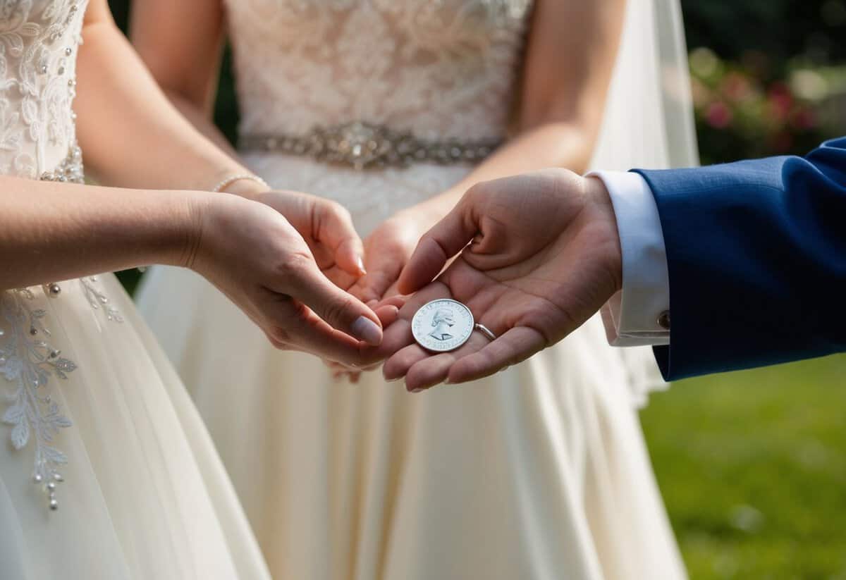 A bride's hand holds a sixpence, while a figure, possibly a family member or friend, presents it to her with a gesture of giving